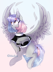 Size: 1820x2456 | Tagged: safe, artist:mediasmile666, derpibooru import, oc, oc only, pegasus, pony, backlighting, female, flying, freckles, gradient background, hairpin, mare, solo, spread wings, unshorn fetlocks, wings