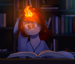 Size: 1024x875 | Tagged: safe, artist:mediasmile666, derpibooru import, oc, oc only, pony, book, glasses, magic, male, night, reading, solo, stallion