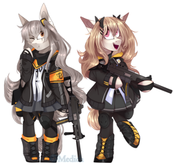 Size: 2906x2764 | Tagged: safe, artist:mediasmile666, derpibooru import, oc, oc only, pony, bipedal, duo, girl's frontline, gun, hoof hold, smiling, weapon