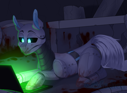 Size: 2570x1885 | Tagged: safe, artist:mediasmile666, derpibooru import, oc, oc only, pony, robot, robot pony, blood, computer, laptop computer, solo