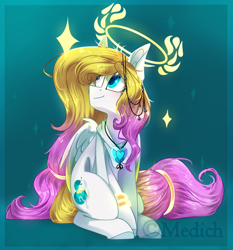 Size: 1024x1097 | Tagged: safe, artist:mediasmile666, derpibooru import, oc, oc only, oc:angel light, pegasus, pony, abstract background, female, heterochromia, jewelry, looking up, mare, pendant, sitting, smiling, solo, tailband