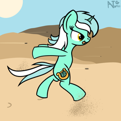 Size: 2000x2000 | Tagged: safe, artist:dafiltafish, derpibooru import, lyra heartstrings, pony, unicorn, atg 2021, bipedal, desert, female, high res, mare, naruto run, newbie artist training grounds, solo, this will end in death, tongue, tongue out