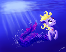 Size: 2738x2190 | Tagged: safe, artist:coco-flame, derpibooru import, oc, oc only, hybrid, merpony, sea pony, bubble, crepuscular rays, dorsal fin, fish tail, flowing tail, jewelry, ocean, purple eyes, signature, solo, sunlight, swimming, tail, underwater, water, yellow mane