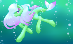 Size: 689x414 | Tagged: safe, artist:angelsight, derpibooru import, oc, oc only, merpony, pony, bubble, crepuscular rays, eyelashes, female, fish tail, flower, flower in hair, flowing mane, flowing tail, ocean, pink eyes, pink mane, smiling, solo, sunlight, swimming, tail, underwater, water