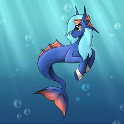 Size: 690x690 | Tagged: safe, artist:heartfeltpony, derpibooru import, oc, oc only, hybrid, merpony, seapony (g4), blue mane, bubble, crepuscular rays, cuffs (clothes), dorsal fin, fish tail, flowing tail, golden eyes, ocean, ribbon, smiling, solo, sunlight, tail, underwater, water