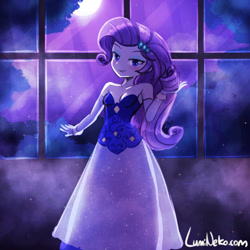 Size: 750x750 | Tagged: safe, artist:lumineko, derpibooru import, rarity, equestria girls, clothes, cute, dress, elegant, female, moon, moonlight, night, raribetes, window