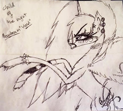 Size: 571x519 | Tagged: safe, artist:beamybutt, derpibooru import, oc, oc only, oc:moonbeam, alicorn, pony, alicorn oc, angry, chains, ear piercing, eyelashes, female, horn, lineart, mare, piercing, rearing, signature, traditional art, wings