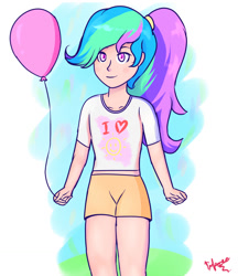 Size: 924x1068 | Tagged: safe, artist:superiorinfamea, derpibooru import, princess celestia, human, abstract background, balloon, clothes, female, humanized, shorts, signature, smiling, solo, young celestia, younger