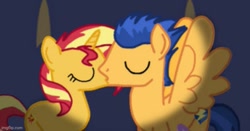 Size: 691x361 | Tagged: safe, artist:pinkgiraffe06, derpibooru import, flash sentry, sunset shimmer, pony, cropped, female, flashimmer, kissing, male, shipping, straight