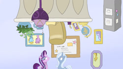 Size: 1280x720 | Tagged: safe, artist:addelum, derpibooru import, phyllis, starlight glimmer, trixie, globe, inkwell, potted plant, quill, starlight's office, upside down