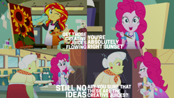 Size: 1280x720 | Tagged: safe, derpibooru import, edit, edited screencap, editor:quoterific, screencap, granny smith, pinkie pie, sunset shimmer, eqg summertime shorts, equestria girls, the art of friendship, apron, clothes, cute, cutie mark, cutie mark on clothes, female, one eye closed, open mouth, painting, shimmerbetes, smiling, wink