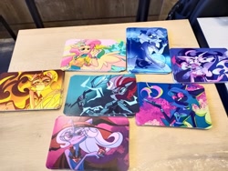Size: 2560x1920 | Tagged: safe, artist:dodsie, derpibooru import, daybreaker, fluttershy, midnight sparkle, princess luna, queen chrysalis, tempest shadow, trixie, twilight sparkle, alicorn, anthro, changeling, changeling queen, pegasus, unicorn, equestria girls, my little pony: the movie, abstract background, alicorn amulet, armor, breasts, broken horn, cleavage, clothes, eye scar, fangs, female, glasses, gradient background, hat, hippieshy, horn, looking at you, magic, open mouth, photo, pipe, s1 luna, scar, staff, staff of sacanas, storm king's emblem, swimsuit, witch hat