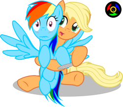 Size: 2232x1948 | Tagged: safe, artist:kyoshyu, derpibooru import, applejack, rainbow dash, pony, appledash, blushing, dexterous hooves, female, lesbian, nail file, shipping, simple background, spread wings, transparent background, vector, wingboner, wings