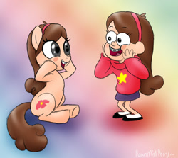 Size: 900x803 | Tagged: safe, artist:dawnmistpony, derpibooru import, human, pony, colorful background, gravity falls, human ponidox, mabel pines, ponified, self paradox, self ponidox