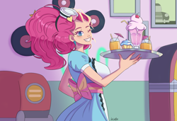 Size: 2853x1957 | Tagged: safe, artist:cerseitortoise, derpibooru import, pinkie pie, human, coinky-dink world, eqg summertime shorts, equestria girls, 1950s, big hair, breasts, cupcake, diner, drink, female, food, humanized, one eye closed, pinkie pies, server pinkie pie, sideboob, solo, sundae, tray, waitress, wink