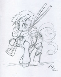 Size: 1280x1615 | Tagged: safe, artist:timerrabbit, derpibooru import, earth pony, pony, crossover, female, gun, magical girl, mami tomoe, mare, monochrome, ponified, puella magi madoka magica, sketch, solo, weapon