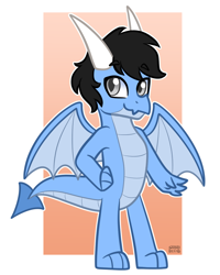 Size: 1024x1280 | Tagged: safe, artist:sabrib, derpibooru import, oc, oc:tinker doo, dragon, dragonified, horn, male, solo, species swap, wings