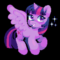 Size: 384x384 | Tagged: safe, artist:hikkage, derpibooru import, twilight sparkle, twilight sparkle (alicorn), alicorn, pony, pixel art, smiling, solo, sparkles, spread wings, wings