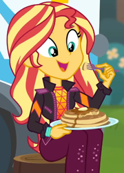 Size: 458x635 | Tagged: safe, derpibooru import, screencap, sunset shimmer, better together, equestria girls, wake up!, cropped, food, pancakes, solo