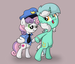 Size: 3546x3036 | Tagged: safe, artist:background basset, derpibooru import, lyra heartstrings, sweetie belle, pony, unicorn, :t, arrested, bipedal, cuffs, duo, handcuffed, looking back, open mouth, police, police officer, simple background