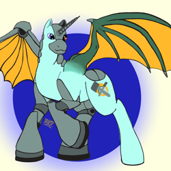 Size: 3000x3000 | Tagged: safe, artist:umbrapone, derpibooru import, oc, oc:cyborg, alicorn, alicorn oc, amputee, cybernetic legs, cybernetic pony, cybernetic wing, horn, looking at you, no mane, no tail, prosthetic eye, prosthetics, smiling, smiling at you, wings