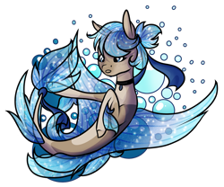 Size: 2687x2232 | Tagged: safe, artist:oneiria-fylakas, derpibooru import, oc, oc only, seapony (g4), blue eyes, blue mane, bubble, clothes, dorsal fin, female, fin wings, fins, fish tail, flowing tail, jewelry, necklace, see-through, simple background, solo, tail, transparent background, wings