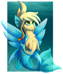 Size: 2260x2654 | Tagged: safe, artist:skywarriorstare, derpibooru import, oc, oc only, hybrid, merpony, dorsal fin, fangs, fin wings, fins, fish tail, flowing tail, glasses, golden eyes, ocean, smiling, solo, tail, underwater, unshorn fetlocks, water, wings