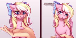 Size: 1280x640 | Tagged: safe, artist:nika-rain, derpibooru import, oc, oc only, oc:bay breeze, human, pegasus, pony, 2 panel comic, bow, comic, commission, cute, female, grumpy, hair bow, hand, looking at you, mare, pegasus oc, simple background, speech bubble, talking to viewer, ych result