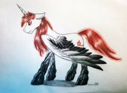 Size: 2864x2094 | Tagged: safe, artist:cahandariella, derpibooru import, alicorn, pony, binary code, code lyoko, colored wings, crossover, gift art, gradient legs, gradient wings, ponified, red eyes, red mane, red tail, signature, solo, spread wings, traditional art, wings, xana