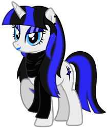 Size: 3070x3635 | Tagged: safe, artist:severity-gray, derpibooru import, oc, oc only, oc:coldlight bluestar, pony, unicorn, alternate hairstyle, bedroom eyes, clothes, cutie mark, ear piercing, eyeliner, eyeshadow, female, lipstick, makeup, mare, piercing, scarf, simple background, solo, standing, transparent background