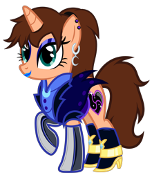 Size: 3990x4537 | Tagged: safe, artist:severity-gray, derpibooru import, oc, oc:chloe adore, pony, unicorn, alternate hairstyle, alternate timeline, boots, clothes, cutie mark, ear piercing, eyeliner, eyeshadow, female, gloves, jacket, latex, latex gloves, lipstick, makeup, mare, nightmare takeover timeline, piercing, ponytail, shoes, simple background, solo, transparent background, uniform