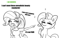 Size: 4886x3000 | Tagged: safe, artist:tjpones, derpibooru import, rarity, pony, unicorn, equestria girls, black and white, chest fluff, crying, duo, equestria girls drama, eyes closed, female, grayscale, high res, human ponidox, looking at you, makeup, mare, marshmelodrama, monochrome, no hooves, open mouth, pointing, rarity being rarity, running makeup, self paradox, self ponidox, simple background, smiling, smiling at you, smug, smugity, sparkles, white background