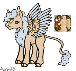 Size: 1130x1064 | Tagged: safe, artist:misskanabelle, derpibooru import, oc, oc only, pegasus, pony, cloven hooves, female, leonine tail, mare, pegasus oc, signature, solo, two toned wings, wings