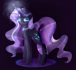 Size: 1024x938 | Tagged: safe, artist:katyshy, derpibooru import, nightmare rarity, pony, unicorn, blue eyes, crown, eyelashes, female, flowing mane, flowing tail, glow, glowing horn, horn, jewelry, looking at you, necklace, purple mane, redraw, regalia, simple background, smiling, solo