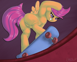 Size: 1000x805 | Tagged: safe, artist:llametsul, derpibooru import, scootaloo, pegasus, atg 2021, butt, female, lineless, mare, newbie artist training grounds, plot, rear view, skateboard, smiling, solo, wings