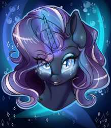 Size: 1280x1469 | Tagged: safe, artist:azamibgr-san, derpibooru import, nightmare rarity, pony, unicorn, blue background, blue eyes, bubble, bust, colored pupils, eyelashes, female, glowing horn, horn, looking at you, purple mane, simple background, smiling, solo, sparkles, water