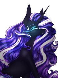 Size: 1280x1707 | Tagged: safe, artist:noctis-stella, derpibooru import, nightmare rarity, pony, unicorn, blue eyes, colored pupils, curly hair, curly mane, eyelashes, female, glowing eyes, horn, long horn, long mane, looking at you, purple mane, signature, simple background, solo, transparent background