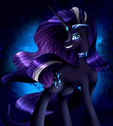 Size: 1973x2200 | Tagged: safe, artist:lada03, derpibooru import, nightmare rarity, pony, unicorn, blue background, blue eyes, colored pupils, crown, evil grin, eyelashes, female, flowing mane, flowing tail, grin, horn, jewelry, long horn, looking at you, necklace, purple mane, regalia, simple background, smiling, solo, teeth