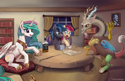 Size: 5100x3300 | Tagged: safe, artist:anonymous, artist:viwrastupr, edit, editor:unofficial edits thread, twibooru import, discord, princess celestia, roseluck, alicorn, bat pony, earth pony, pony, adolf hitler, book, bookshelf, crown, facial reconstruction, female, goblet, hoof shoes, image, jack daniels, jewelry, male, mare, open mouth, open smile, paper, peytral, png, redraw, regalia, scared, sitting, smiling, stallion, table, window