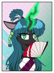 Size: 3029x4096 | Tagged: safe, artist:niggerdrawfag, queen chrysalis, changeling, changeling queen, abstract background, alternate hairstyle, border, clothes, eye clipping through hair, eyeshadow, featured image, female, glowing horn, horn, lidded eyes, looking at you, magic, paper fan, smiling, solo, telekinesis, white border, wings