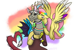 Size: 1106x722 | Tagged: safe, artist:bellbell123, derpibooru import, discord, fluttershy, draconequus, pegasus, pony, asexual, asexual pride flag, bands, colorful, demisexual pride flag, discoshy, ears up, female, flower, heart, kiss on the cheek, kissing, male, panromantic, pride, pride flag, pride month, rainbow, raised eyebrow, shipping, simple background, straight, white background, wings