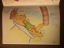 Size: 4096x3072 | Tagged: safe, artist:taurson, derpibooru import, applejack, earth pony, pony, beach, beach chair, clothes, crossed legs, eyes closed, female, green swimsuit, hat off, lounging, lying down, mare, on back, one-piece swimsuit, solo, swimsuit, traditional art