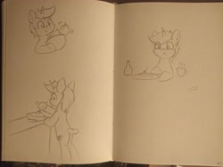 Size: 4096x3072 | Tagged: safe, artist:taurson, derpibooru import, oc, oc only, oc:coffee, pony, unicorn, atg 2021, bipedal, bowl, eating, male, mixing bowl, monochrome, newbie artist training grounds, pencil drawing, sketch, solo, stallion, traditional art