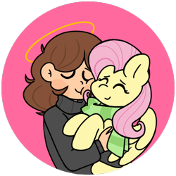 Size: 768x768 | Tagged: safe, artist:edgykidart, derpibooru import, fluttershy, human, pegasus, pony, clothes, cute, duo, eyes closed, female, halo, holding a pony, hug, mare, scarf, shyabetes, simple background, squishy cheeks, transparent background