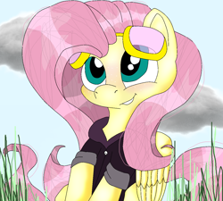 Size: 1280x1151 | Tagged: safe, artist:princessamara123, derpibooru import, fluttershy, pegasus, pony, blushing, clothes, female, goggles, hoodie, mare, redraw, solo
