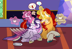 Size: 1280x873 | Tagged: safe, artist:musical-medic, derpibooru import, sunburst, twilight sparkle, twilight sparkle (alicorn), alicorn, pony, unicorn, blushing, crossed hooves, cup, curved horn, ear piercing, earring, female, glowing horn, horn, jewelry, lying down, male, mare, piercing, prone, shipping, stallion, straight, teacup, twiburst, unshorn fetlocks