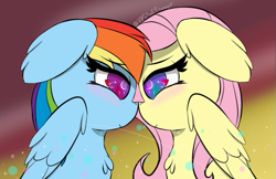 Size: 675x437 | Tagged: safe, artist:lunastaralight, derpibooru import, fluttershy, rainbow dash, pegasus, pony, blushing, cute, dashabetes, ears, female, floppy ears, flutterdash, heart eyes, lesbian, looking into each others eyes, shipping, shyabetes, wingding eyes