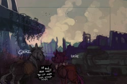 Size: 2304x1536 | Tagged: safe, artist:celestiawept, derpibooru import, oc, oc only, pony, unicorn, zebra, car, post-apocalyptic, ruins, speech bubble