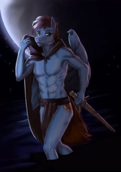 Size: 3035x4299 | Tagged: artist needed, safe, derpibooru import, oc, oc only, oc:pegasusgamer, anthro, pegasus, cloak, clothes, moon, muscles, night, sword, weapon, wings