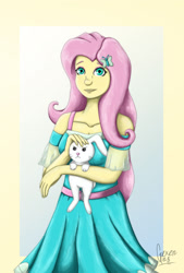 Size: 1280x1888 | Tagged: safe, artist:gexen-n8, derpibooru import, angel bunny, fluttershy, rabbit, equestria girls, angel bunny is unamused, animal, duo, looking at you, petting